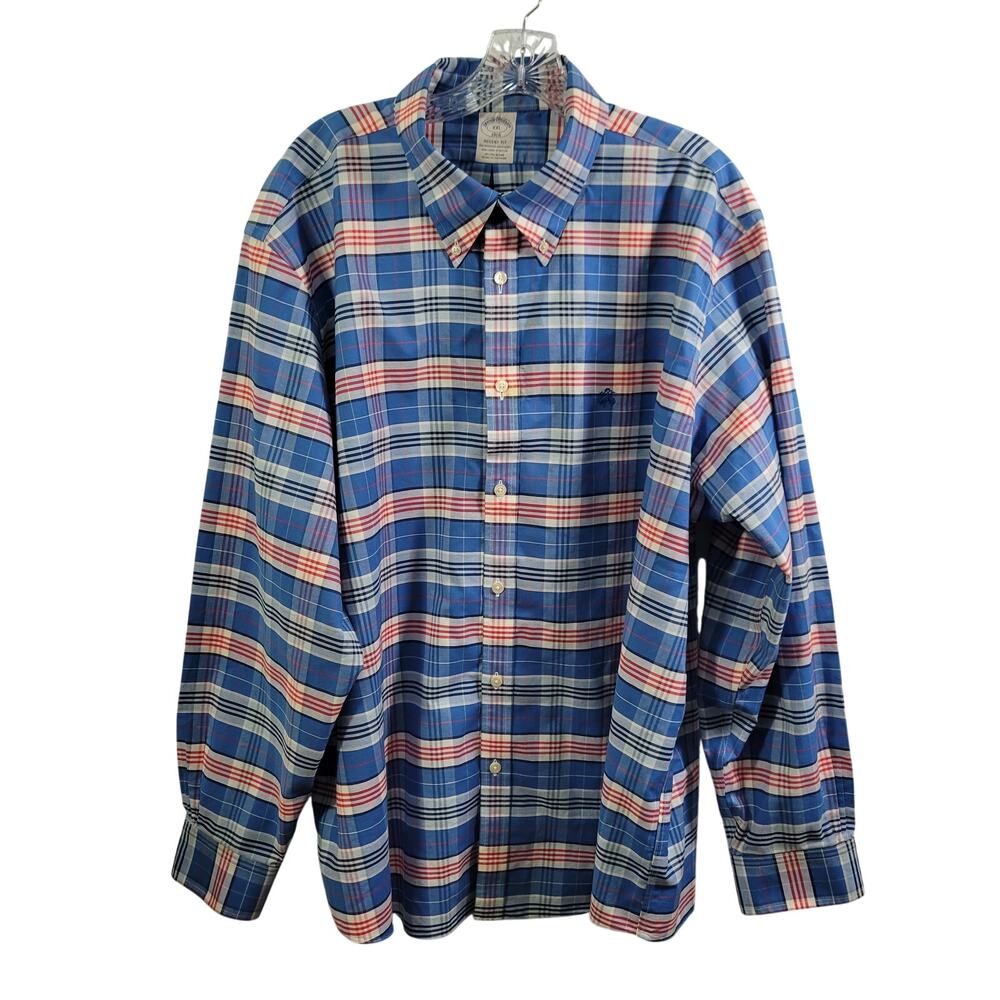 Brooks Brothers Men's Blue Plaid Button Front Non-Iron Shirt Size 2XL 11026-1250